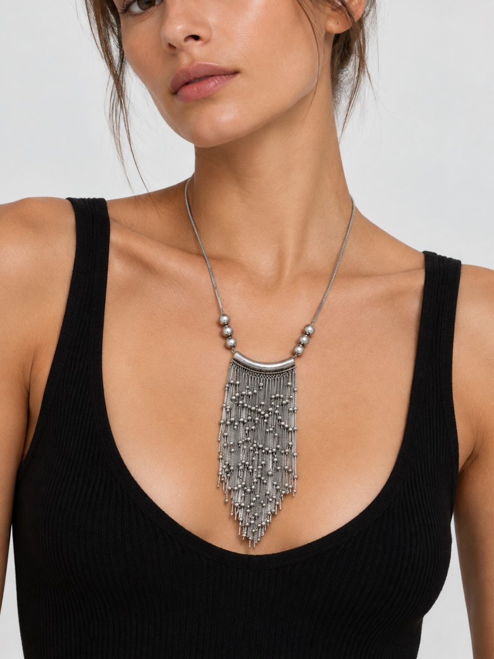 Zara NWT beaded and chain necklace silver 1856/310